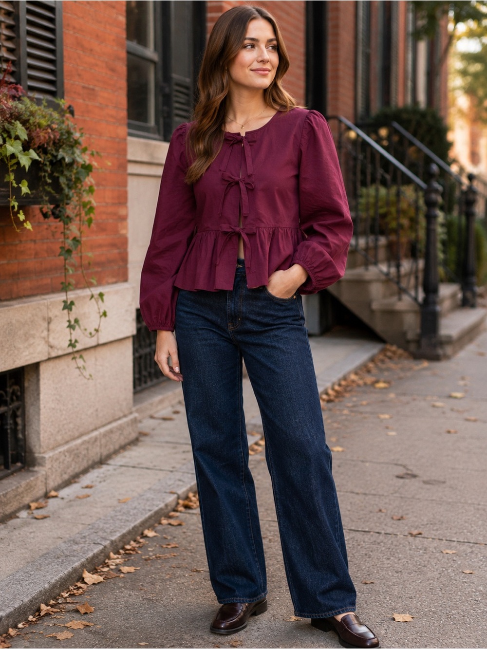 Retrod Cotton Peplum Blouse Medium Burgundy Puff Sleeve Bow Tie Front
